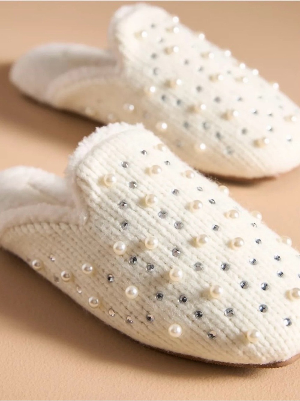 Maeve Pearl-Embellished Knit Slip-On Slippers - Ivory NWT